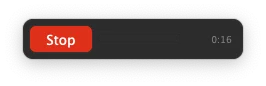 The AudioRoute floating overlay during a recording — the red Stop button on the left and elapsed time '0:16' on the right