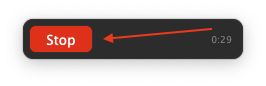 The AudioRoute floating overlay with the red Stop button highlighted by an arrow, elapsed time showing 0:29