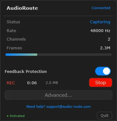 AudioRoute tray window during recording — Status shows 'Capturing' in blue, Rate 48000 Hz, Channels 2, a meter bar shows live audio levels, and the controls section shows 'REC 0:06 2.5 MB' next to a red Stop button