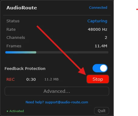 AudioRoute tray window with the red Stop button highlighted by an arrow. REC indicator shows 0:30 elapsed and 11.2 MB file size