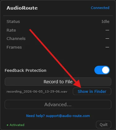 AudioRoute tray window after recording finished. The recording filename appears with a 'Show in Finder' button next to it, highlighted by an arrow