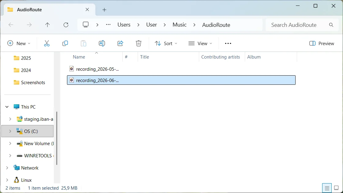 Windows 11 File Explorer window showing the Users\User\Music\AudioRoute folder with WAV recordings. The most recent recording is highlighted in blue