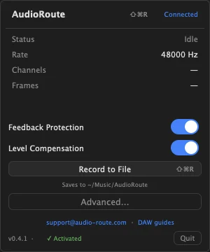 AudioRoute menu bar app, record to file